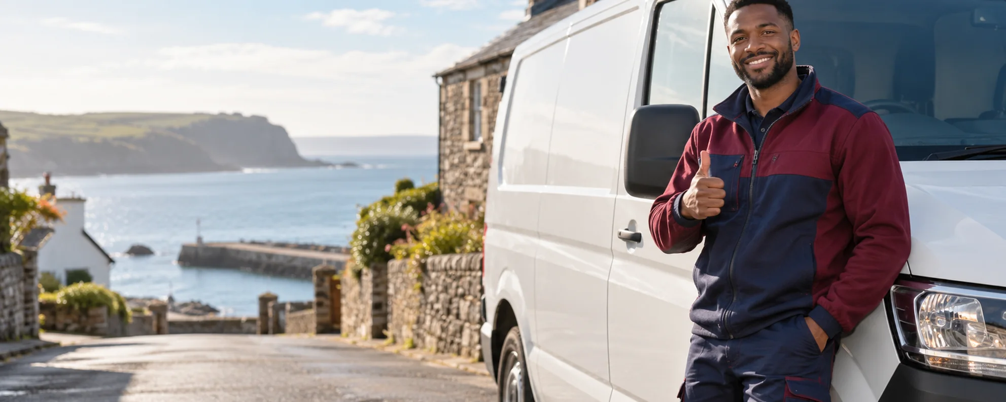 Illustrative AI-generated image of a multi-trade worker beside an unbranded white work van, giving a thumbs-up.
