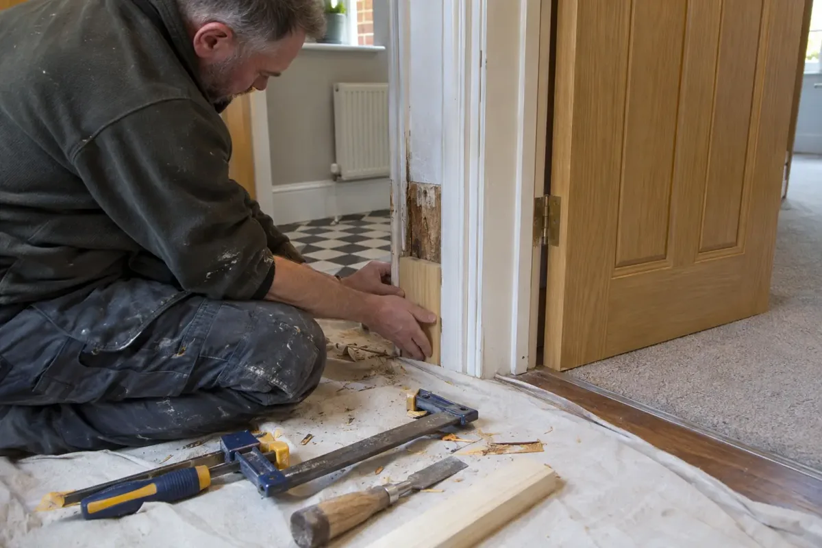 Carpenter repairing a damaged timber door jamb by fitting a precisely cut new timber splice into the lower frame, interior door open beside it, clamps and wood chisel on protected floor, accurate hands.