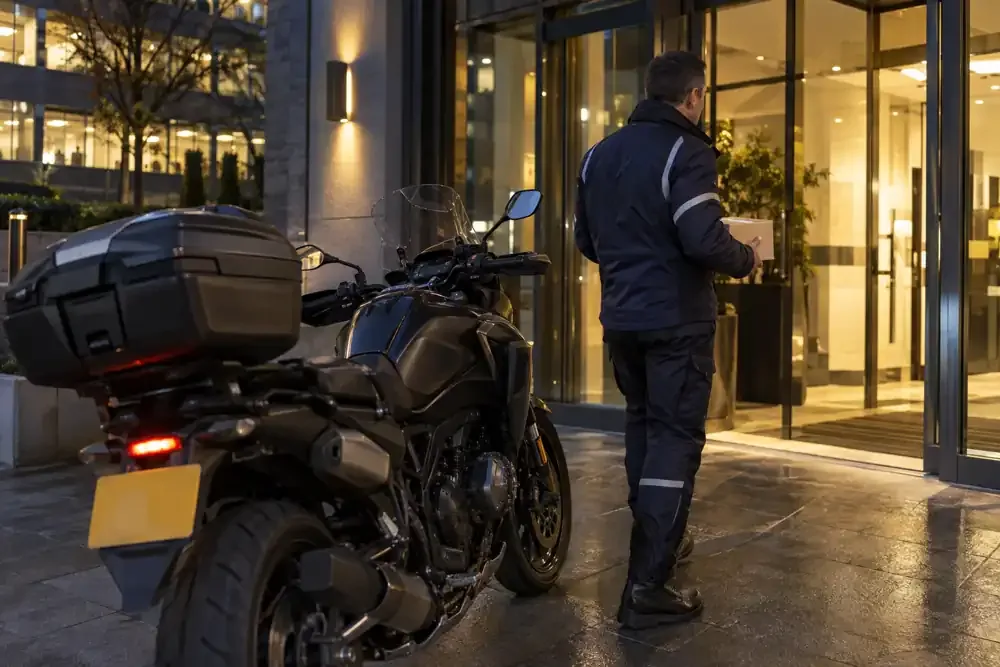 a motorcycle courier preparing or handing over a suitable consignment
