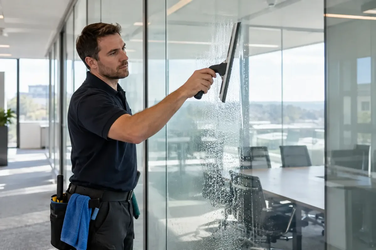 Window cleaner using a squeegee on a large inside-facing office window beside full-height glazed meeting-room partitions. Bright empty contemporary office, close clear squeegee contact and small droplets, tool belt, no text.