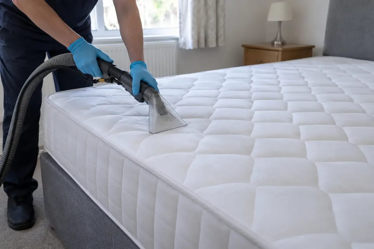 Professional cleaner using a transparent upholstery extraction hand tool on a bare white quilted mattress resting on a bed base, clear mattress sides and piping, flexible hose, gloved hands and open room for drying.