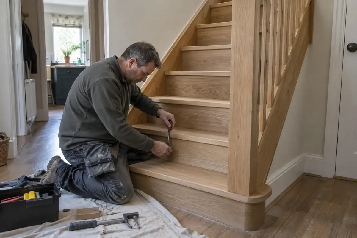 Carpenter securing a new oak tread into a timber staircase using a hand screwdriver, entire lower flight, stringer and handrail clearly visible. Replacement tread and adjoining fitted new treads show staircase assembly and repair, safe work at floor level.