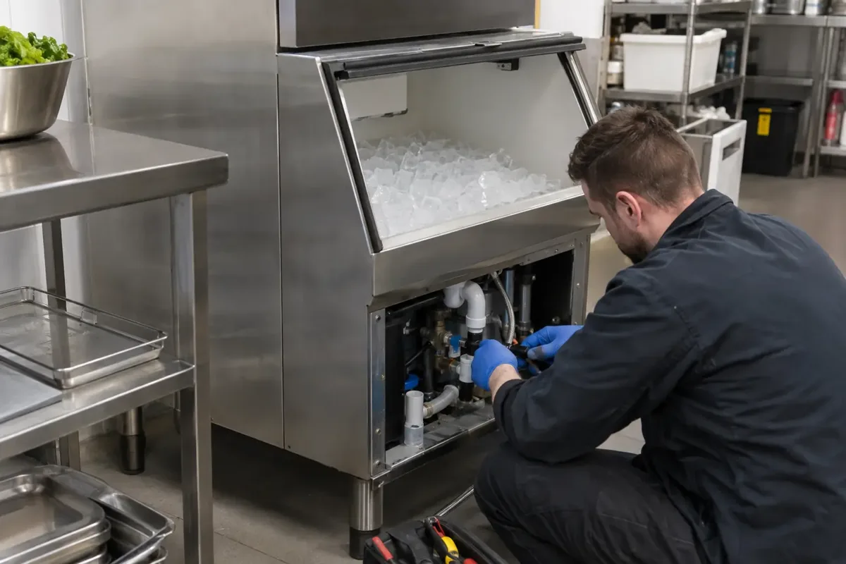 Appliance technician servicing a freestanding stainless-steel commercial ice-making machine in a restaurant preparation kitchen. Open ice bin filled with ice cubes, lower service panel open showing water valve and drain hose being inspected. Machine isolated, clear ice maker subject, gloved hands.