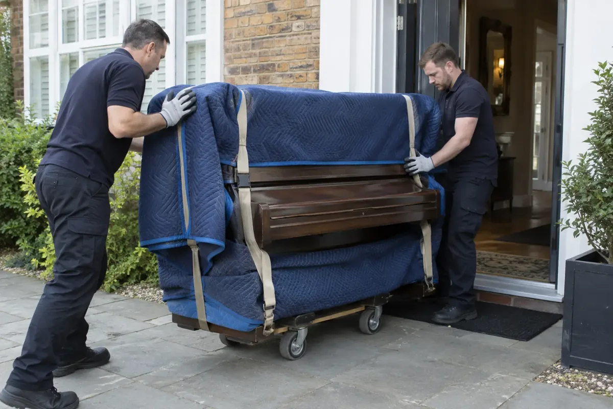 Two specialist movers carefully rolling a heavy upright piano, padded with moving blankets and securely strapped to a proper piano dolly, across a level house entrance; part of piano keyboard cover visible, coordinated stable posture, gloves, no stairs or unsafe lifting.