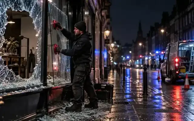 Glazier replacing shattered shopfront glass