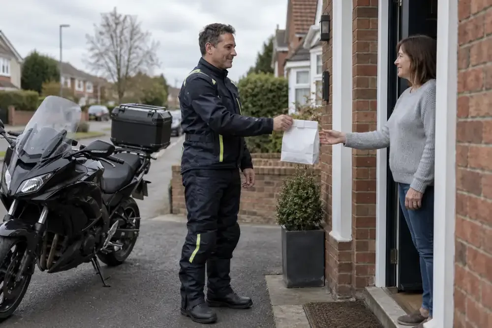 a motorcycle courier preparing or handing over a suitable consignment