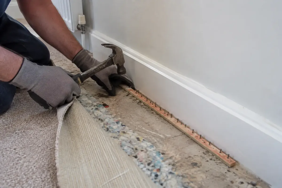 Carpet fitter replacing a narrow wooden carpet gripper strip along white skirting, carpet and underlay folded back to reveal the subfloor and pointed gripper pins, gloves and small hammer, close clear task view.