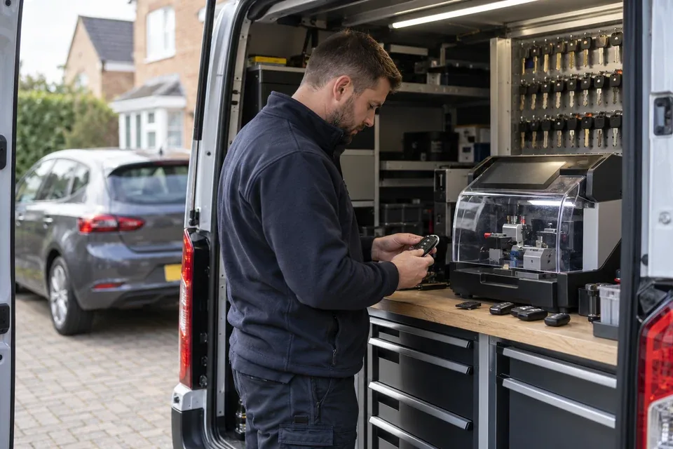 Mobile locksmith van with automotive key equipment and a parked car