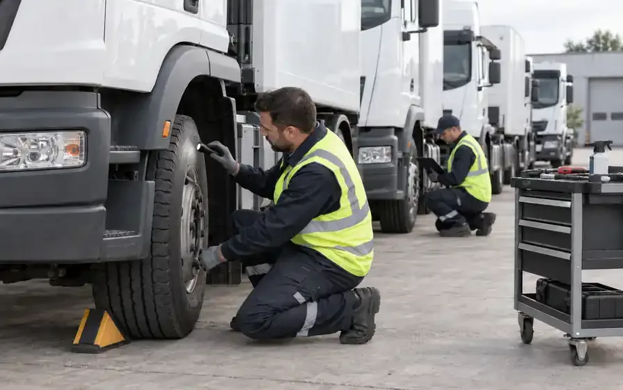 Technician inspecting a white fleet truck tyre with a flashlight while another technician checks a truck behind.