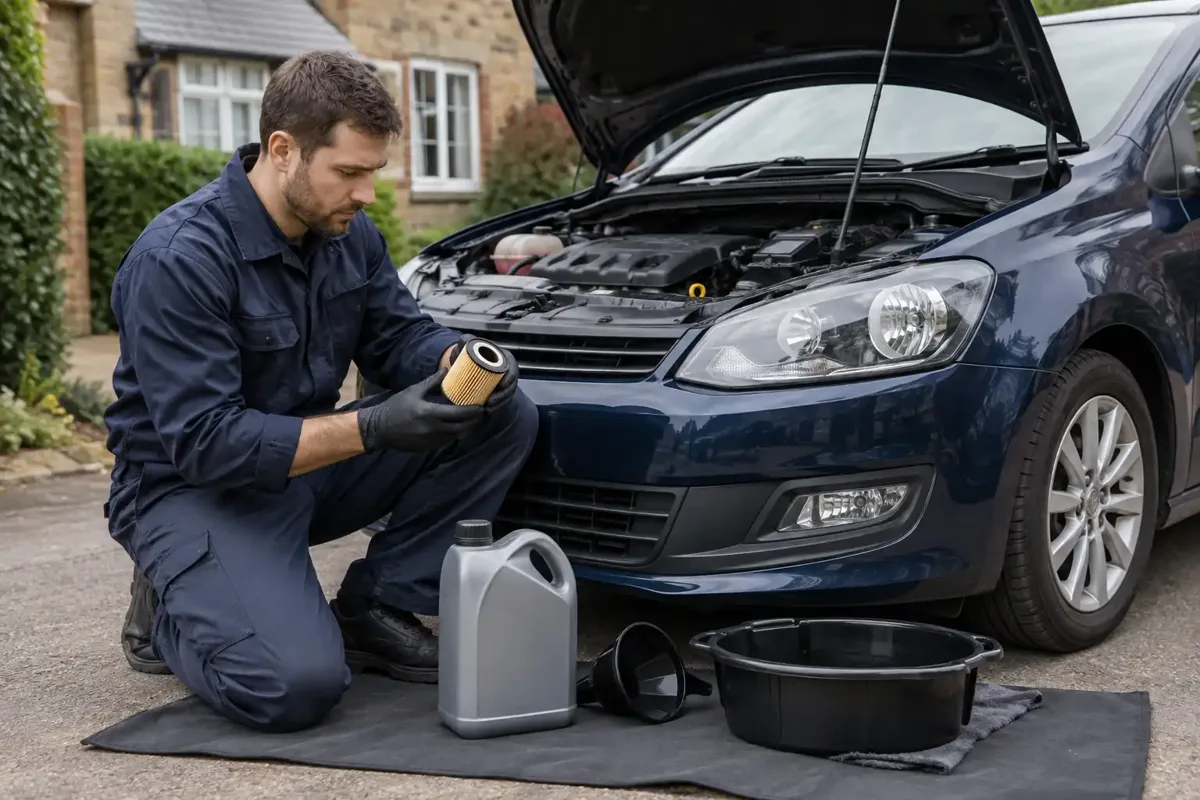 Oil filter and service supplies prepared for an oil change