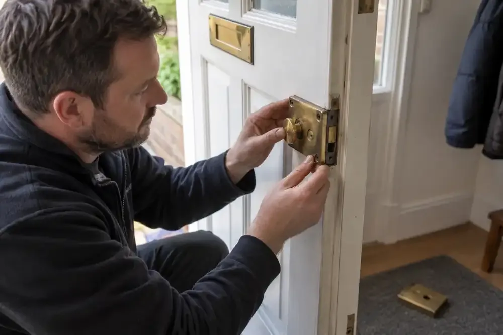 Locksmith inspecting an exposed surface mounted rim lock on an open door.