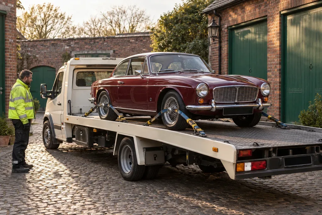 Classic British car safely strapped on a recovery transporter