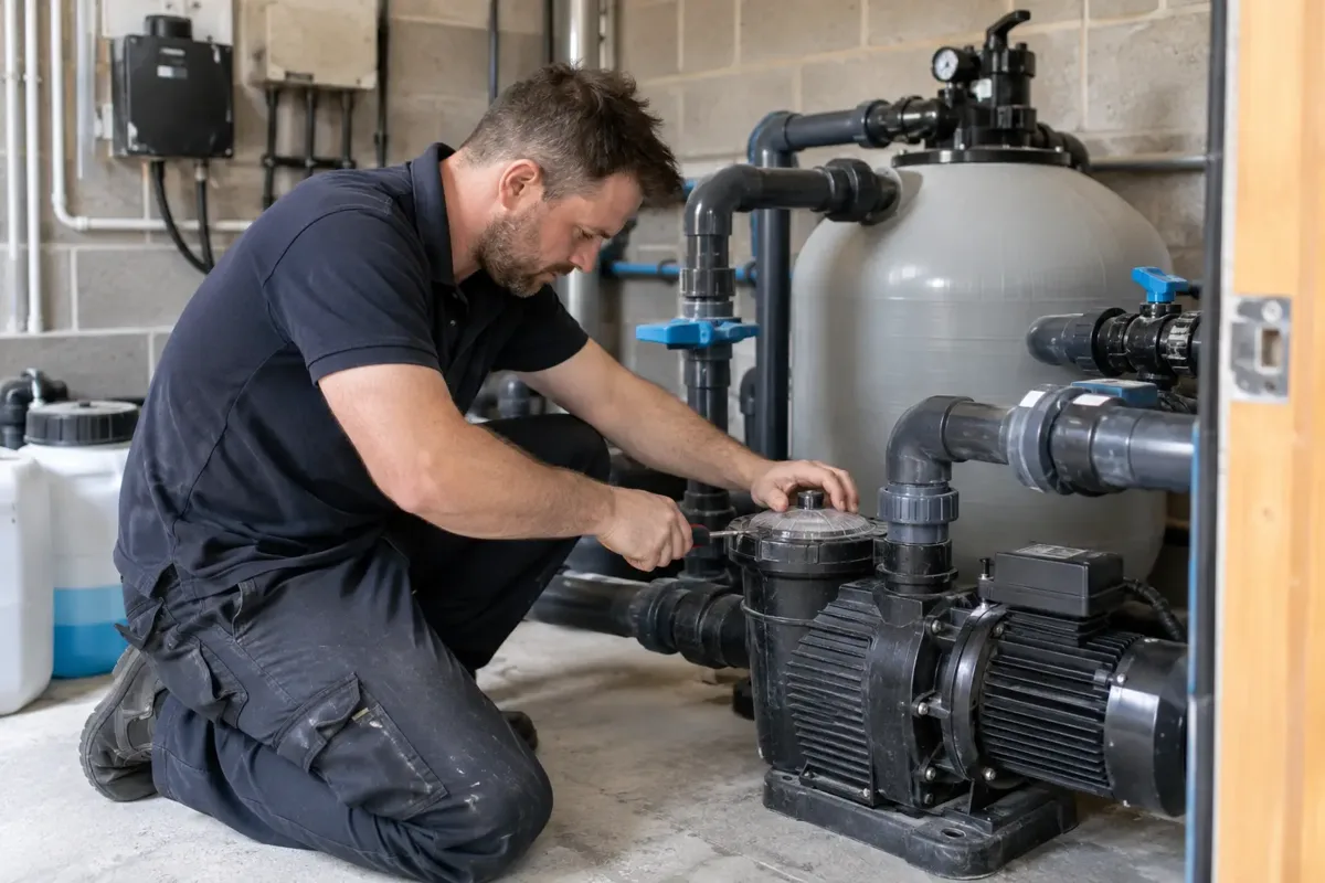 Technician Repairing Pool Circulation Pump