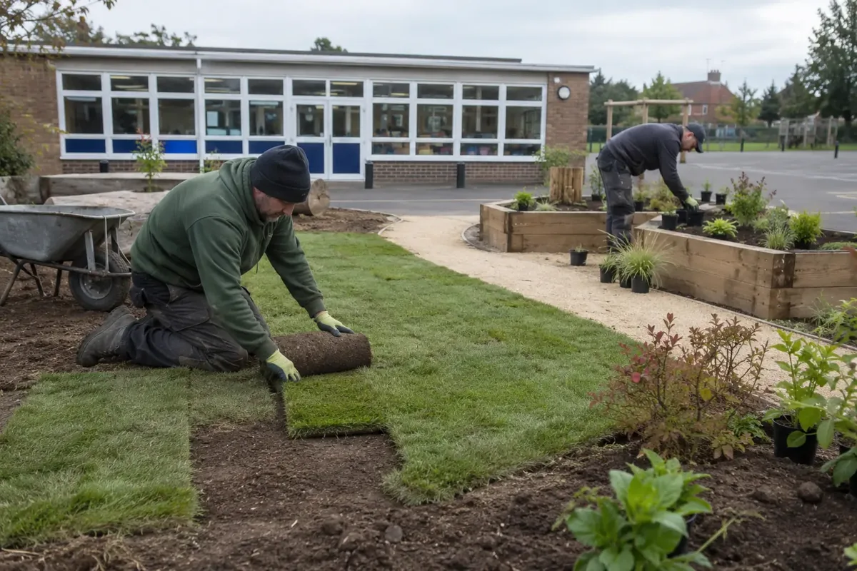 Two landscapers laying turf and planting an outdoor learning garden beside a recognisable low primary school building with broad windows and an empty school playground, pathways and raised beds; no children, gloves and work boots.