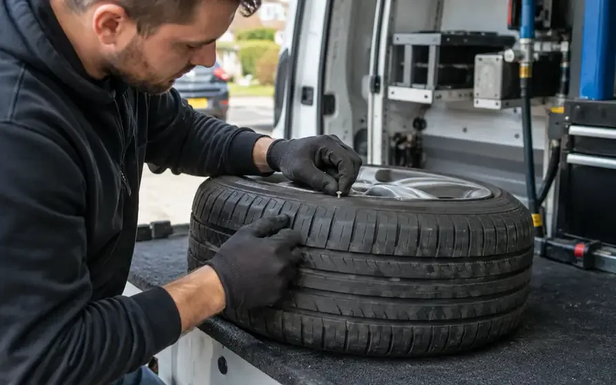 Gloved technician inspecting a puncture in a tyre on a workbench
