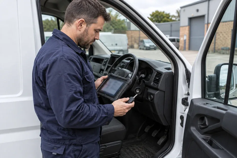 Locksmith programming a key at the open cab of a work van
