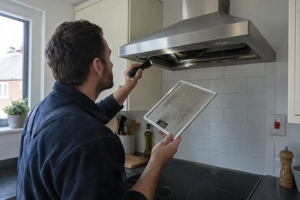 Technician inspecting the removed rectangular metal grease filter directly below a stainless steel kitchen extractor hood above an unlit hob. One hand holds filter, other points small torch into fan opening, clearly recognizable range hood, power isolated.