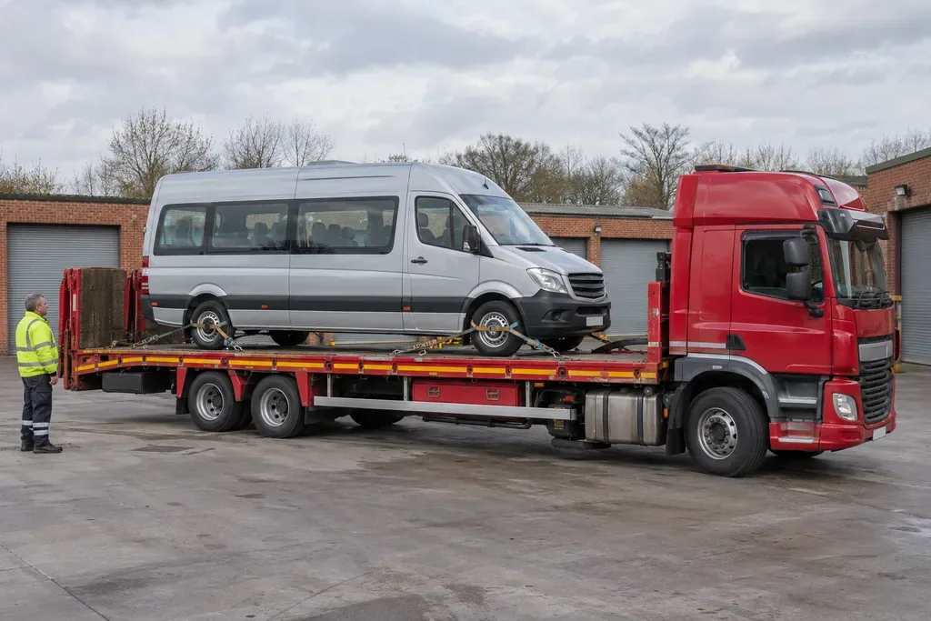 Minibus loaded on an appropriately sized transporter in a depot