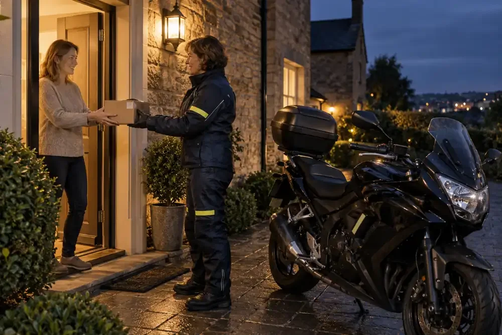 a motorcycle courier preparing or handing over a suitable consignment
