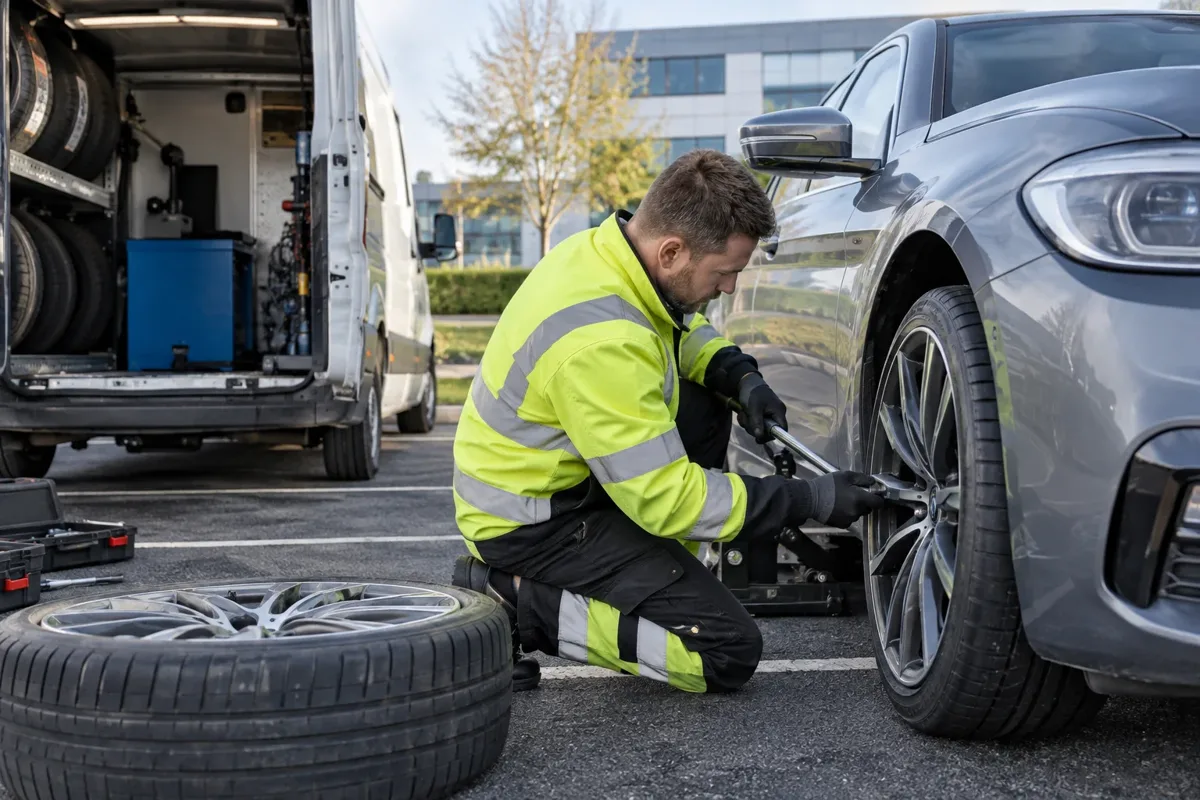 Technician fitting a run-flat tyre beside a car and service van