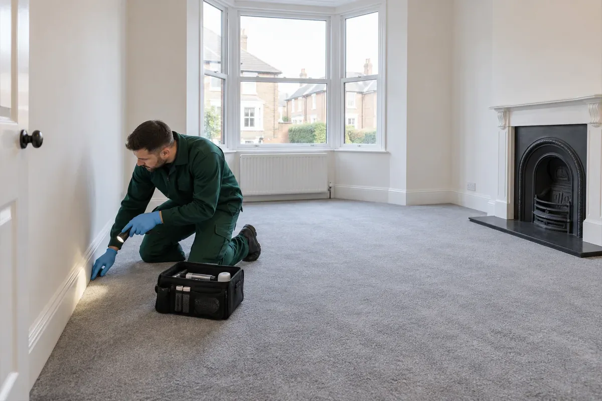 Pest technician in dark green workwear with blue nitrile gloves carefully checking the floor edge of an empty rented British living room with compact torch and inspection kit.