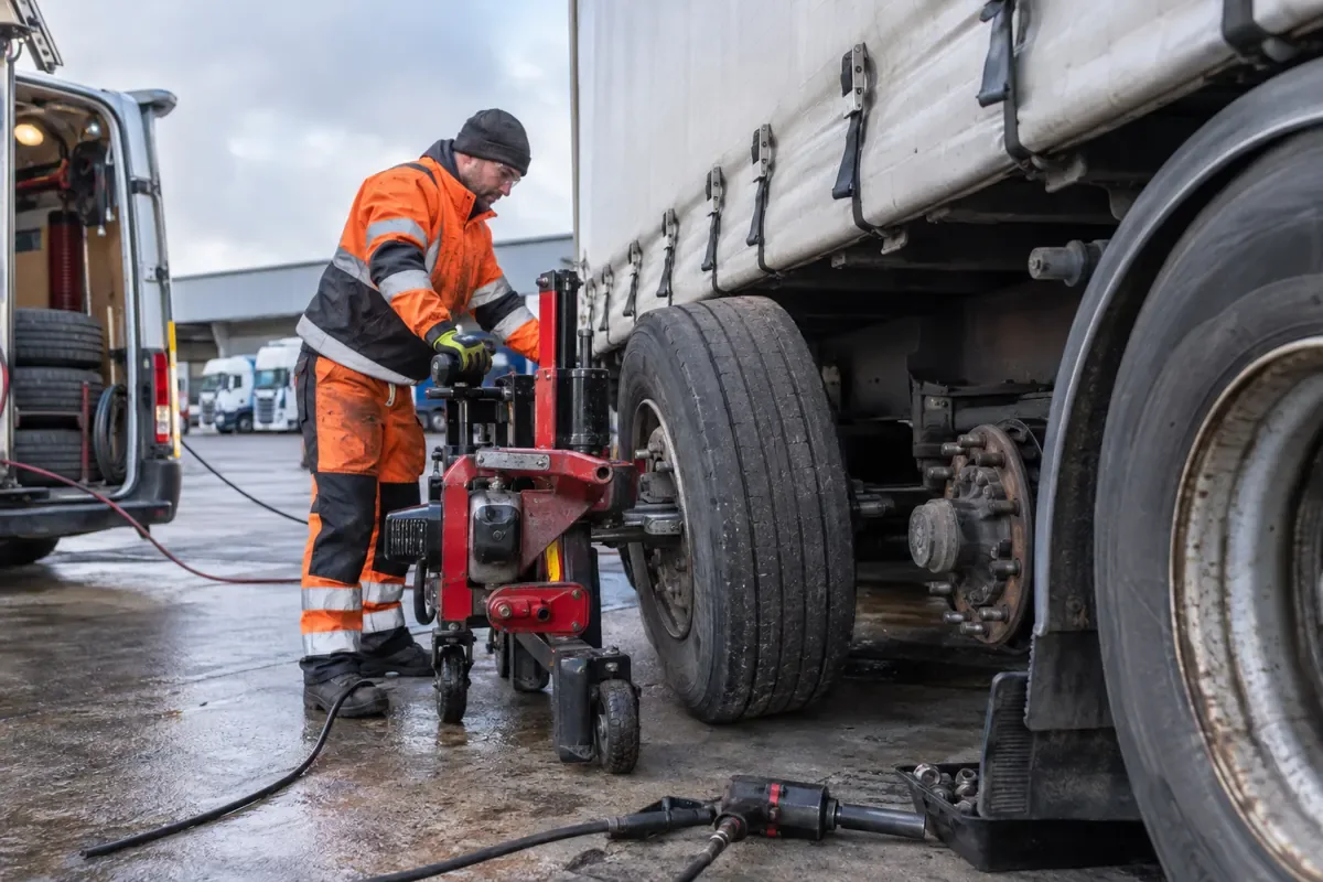 UK tyre technician replacing heavy trailer tyre