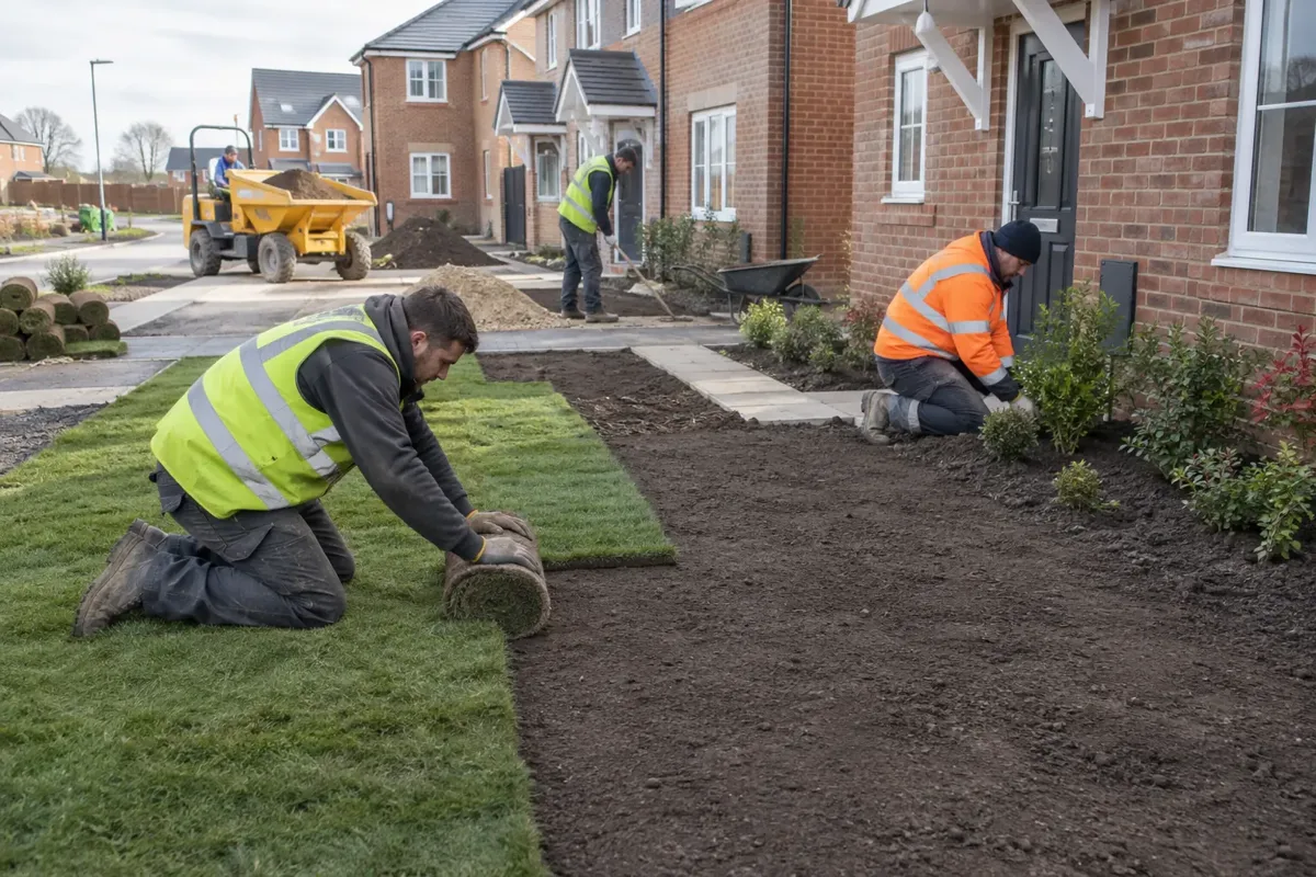 A landscape crew rolling out fresh turf and planting small shrubs along the front gardens of a row of newly completed British brick houses, bare prepared topsoil adjoining laid turf, small site dumper farther back; hi-vis clothing and boots.