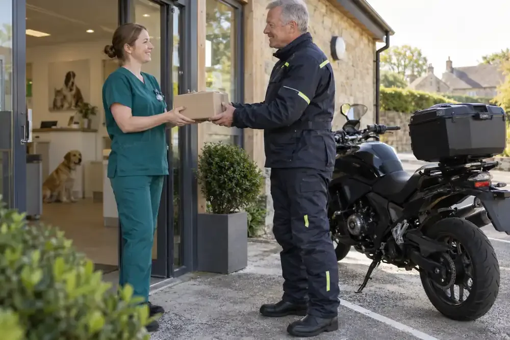 a motorcycle courier preparing or handing over a suitable consignment