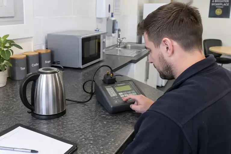 Electrician testing an electric kettle with portable appliance test equipment.