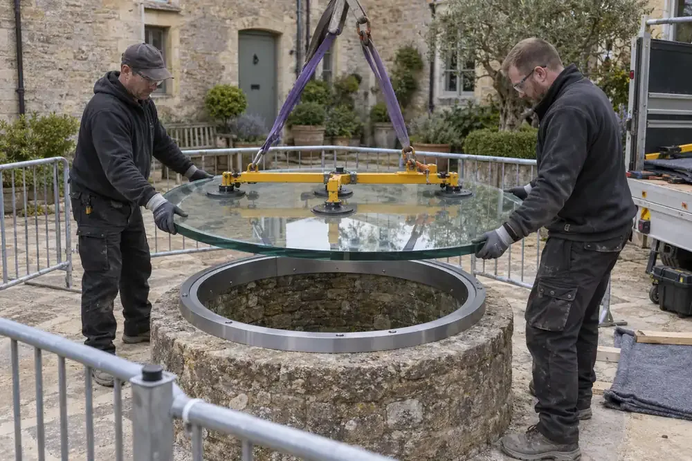 Stone courtyard with an old circular well: two installers lower a thick circular laminated glass cover onto a continuous engineered steel support ring using a lifting rig, perimeter barrier, nobody standing on cover.