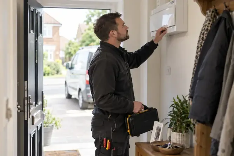 Same day electrician: a professional electrician assessing or carrying out the electrical work.