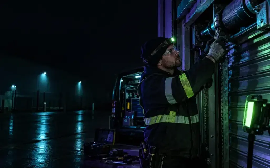 Technician assessing the upper mechanism of a steel shutter at night
