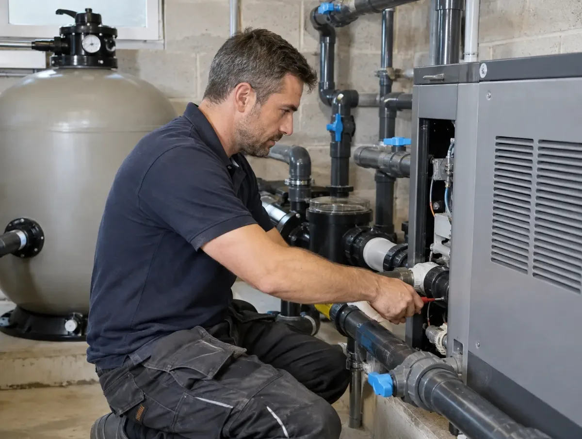 Pool engineer servicing heater and pipework