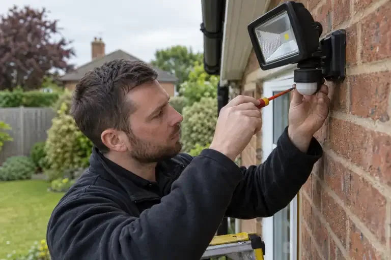 PIR sensor repairs: a professional electrician assessing or carrying out the electrical work.