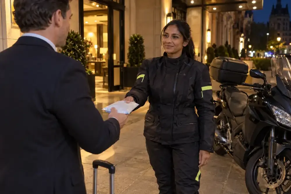 a motorcycle courier preparing or handing over a suitable consignment