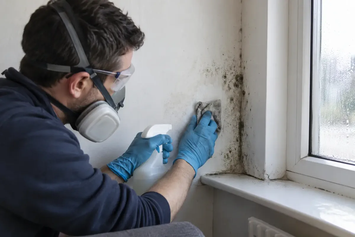 Worker in gloves, protective goggles and respirator carefully wipes a small patch of black mould from an interior wall corner beside a condensation-prone window. Unlabelled cleaning bottle and used cloth, clearly visible localised mould and cleaned patch, no exaggerated infestation.