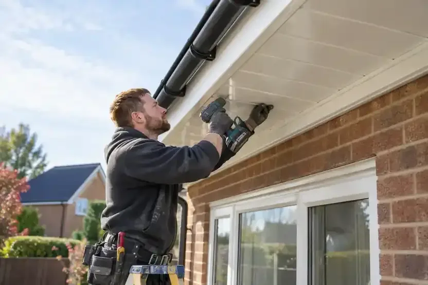 Technician fits a soffit panel beneath the gutter.