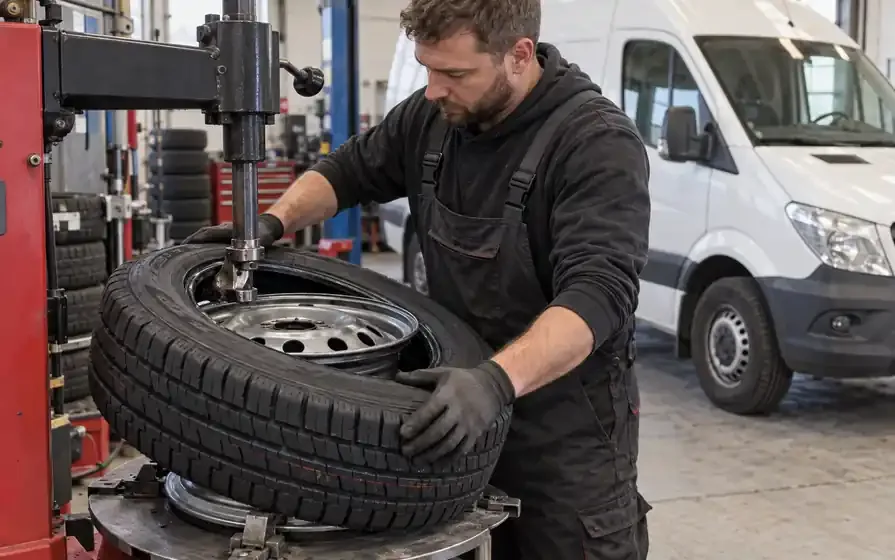 Mechanic fitting a new van tyre on a steel rim using a workshop tyre changing machine.