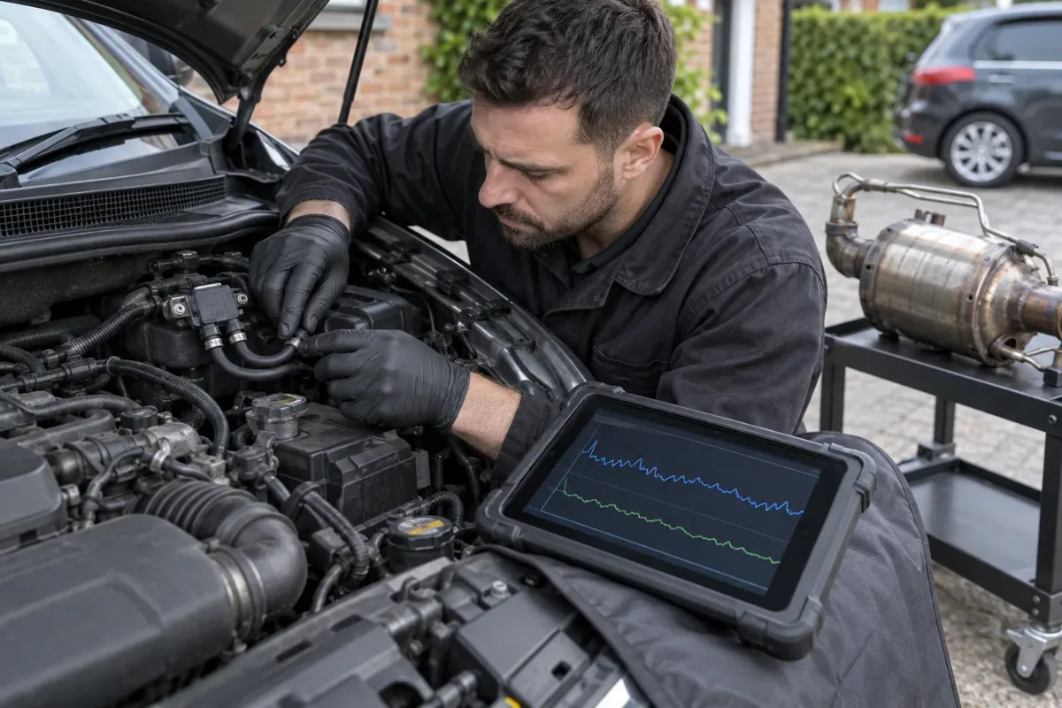 Mechanic examining diesel filter pressure-sensor hoses alongside diagnostic equipment
