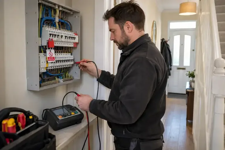EICR electrical inspection: a professional electrician assessing or carrying out the electrical work.
