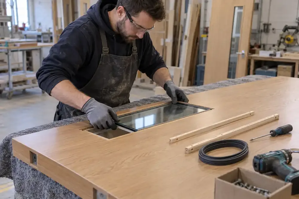 Joinery workshop: specialist installs a rectangular fire-resistant vision pane into a thick timber fire door lying on a padded bench, continuous glazing seals and retaining beads arranged beside it, no flames or testing.