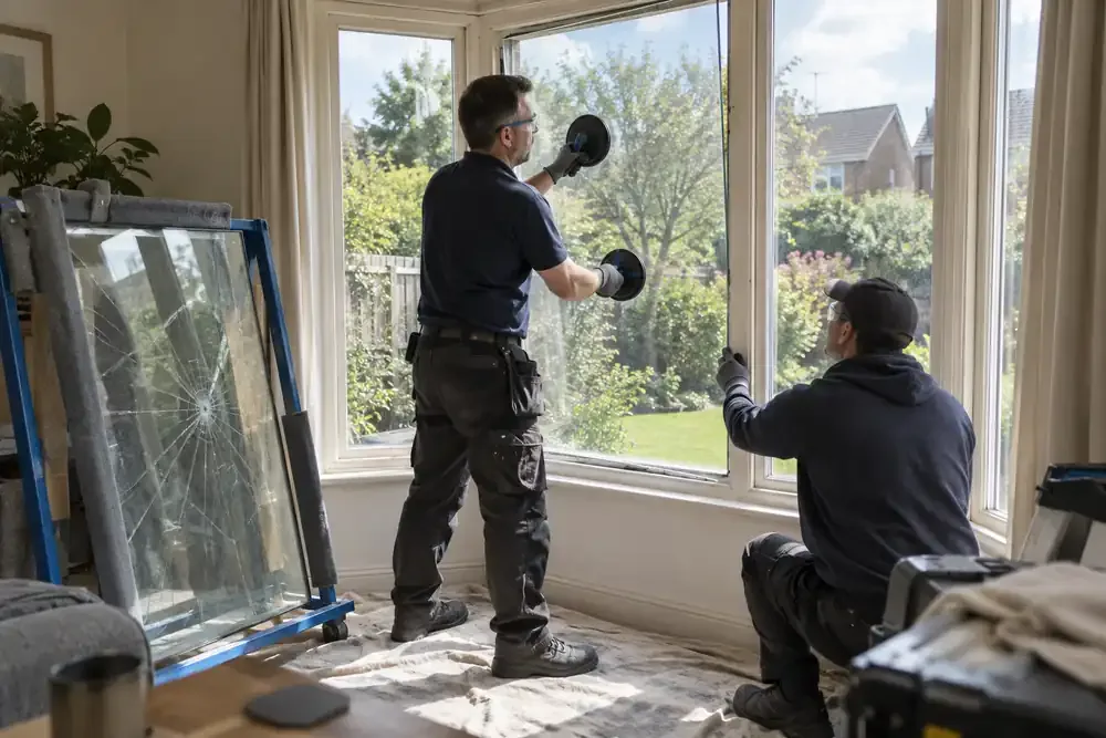 Garden-facing bay window interior: glazier guides a clear replacement glass pane into the timber frame using suction cups while assistant supports its edge, removed cracked pane safely in padded rack, midday view.