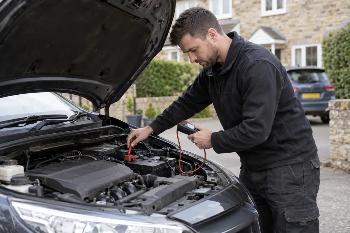Technician checking a car charging system with an automotive tester.