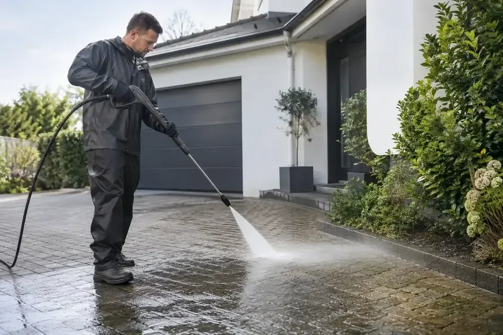 Technician pressure washing a block-paved driveway
