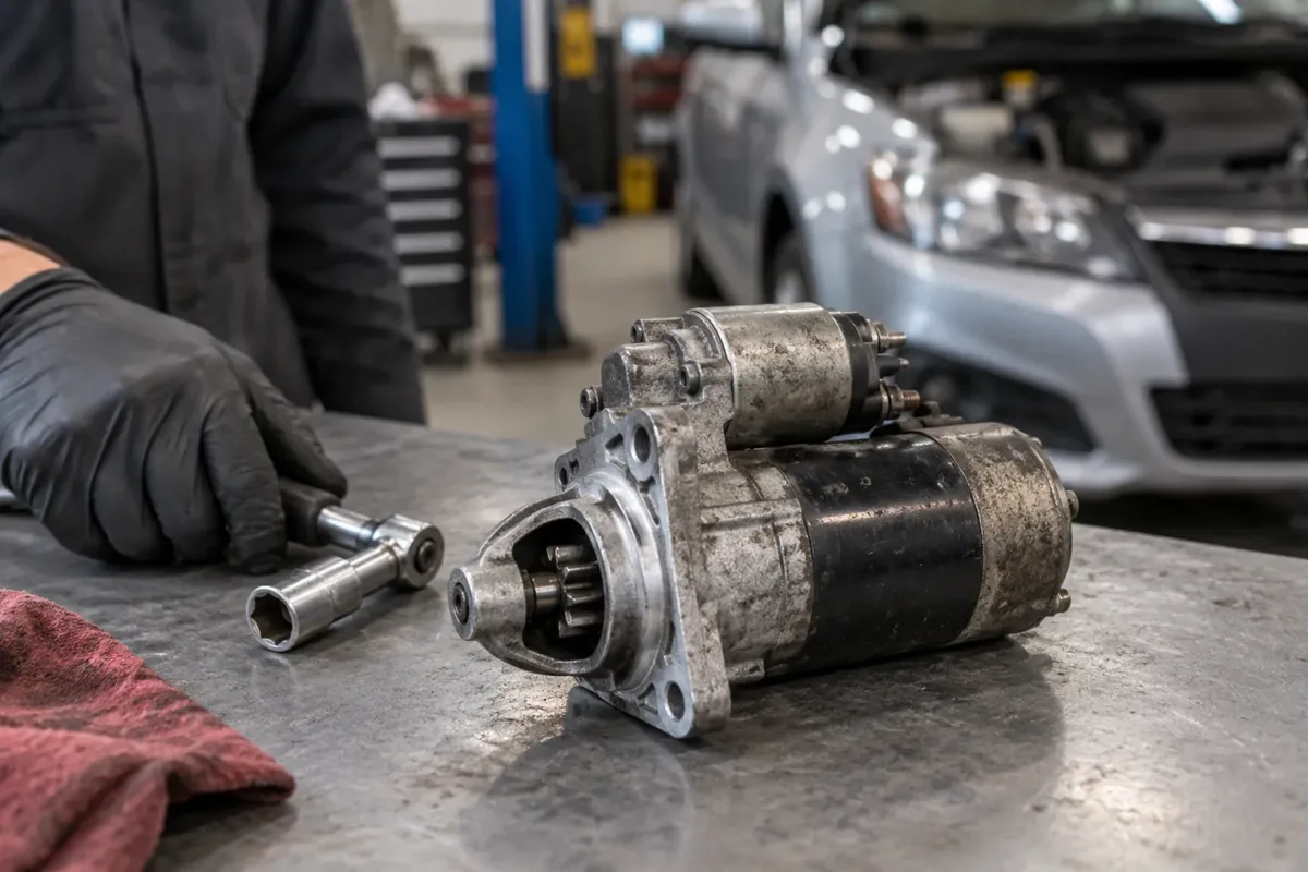 Replacement starter motor on an automotive workbench.