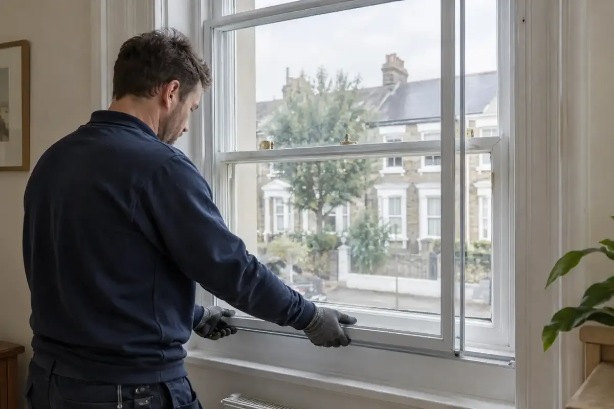 Glazier fitting an internal secondary-glazing panel in front of a sash window