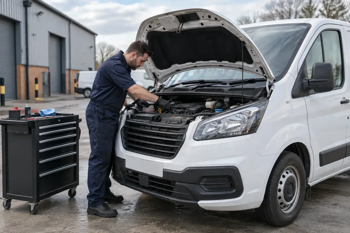 Mechanic inspecting the engine of a white work van