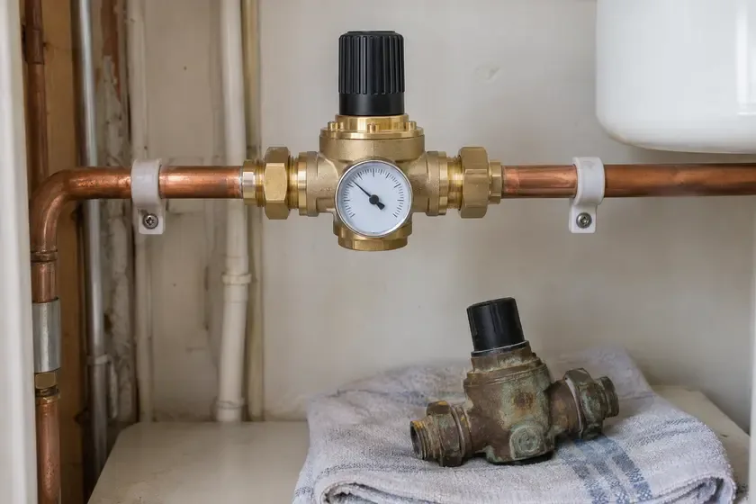 New pressure reducing valve installed with the removed old valve below.