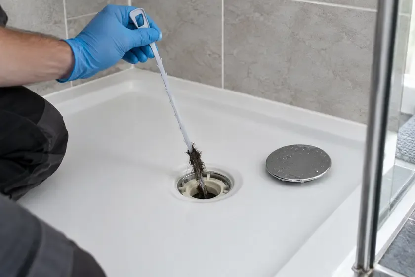 Plumber removing a hair blockage from a shower tray drain.