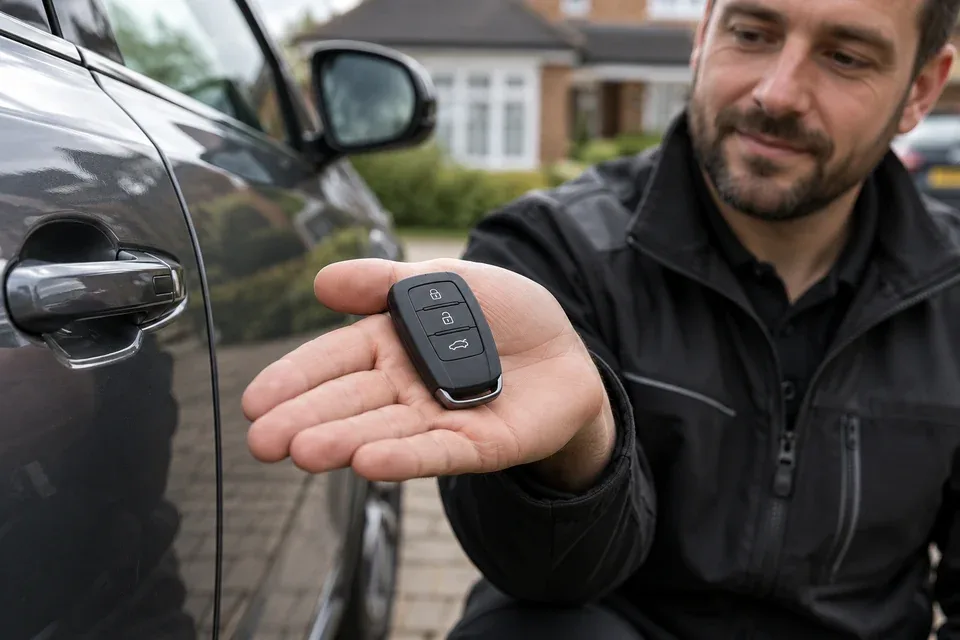 Replacement keyless smart car key held beside a graphite vehicle